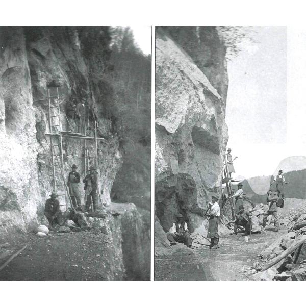 Delavci, ki klešejo skalno steno ob cesti. Vir: Od urbarjev do fotografij, str. 83 (original hrani Pokrajinski arhiv Maribor)
