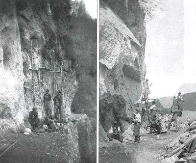 Delavci, ki klešejo skalno steno ob cesti. Vir: Od urbarjev do fotografij, str. 83 (original hrani Pokrajinski arhiv Maribor)