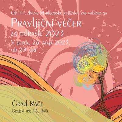 Dan Mariborske knjižnice. Pravljični večer za odrasle, Knjižnica in grad Rače, 26. maj 2023 - plakat z vabilom